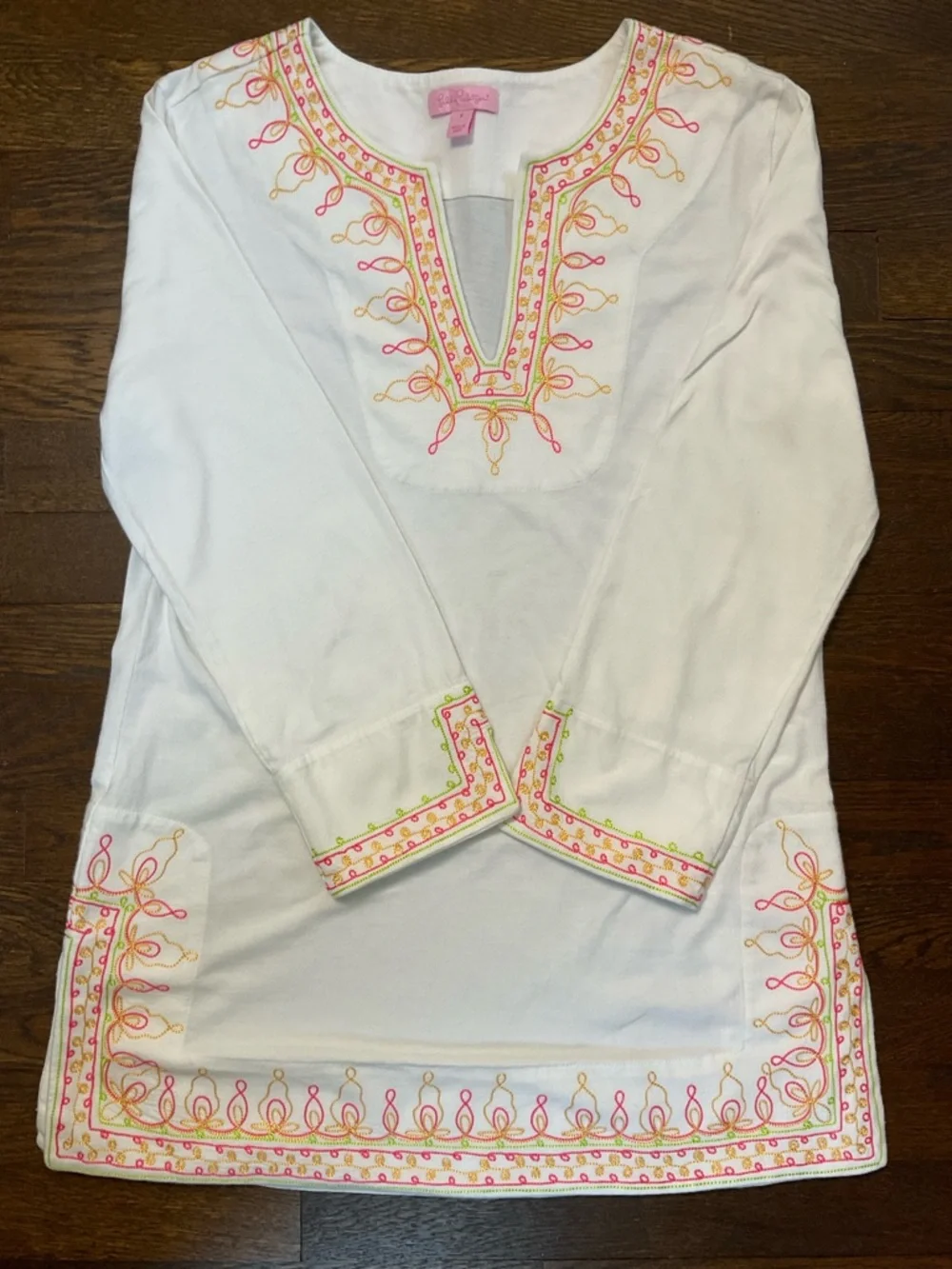 Lilly Pulitzer Embroidered Palm Beach Tunic Top White Pink Green Gold Small - Picture 6 of 16